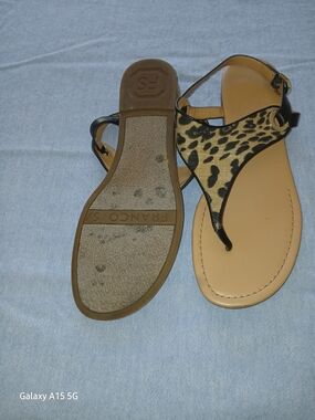 Franco Sarto Leopard Print T-Strap Sandals in Tan and Black